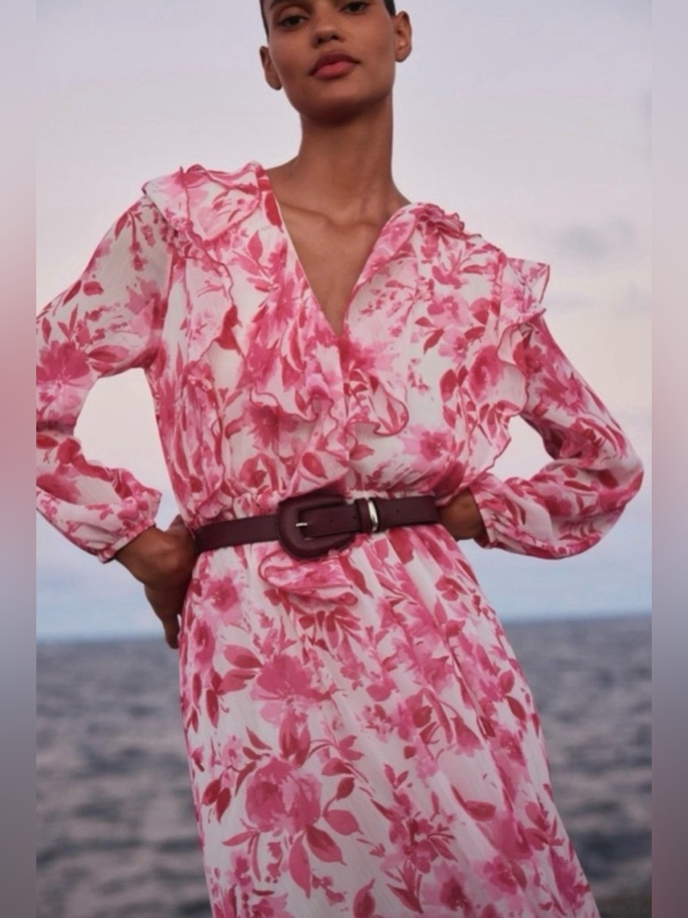 Zara Pink Floral Ruffle Long-Sleeve Midi Dres w/ belt. NWT